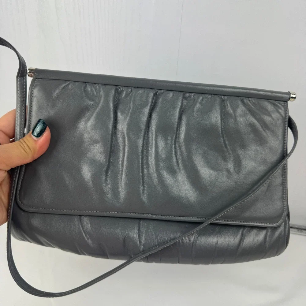 Vintage Mardane USA Gray Leather Ruched Foldover Clutch‎ Shoulder Bag